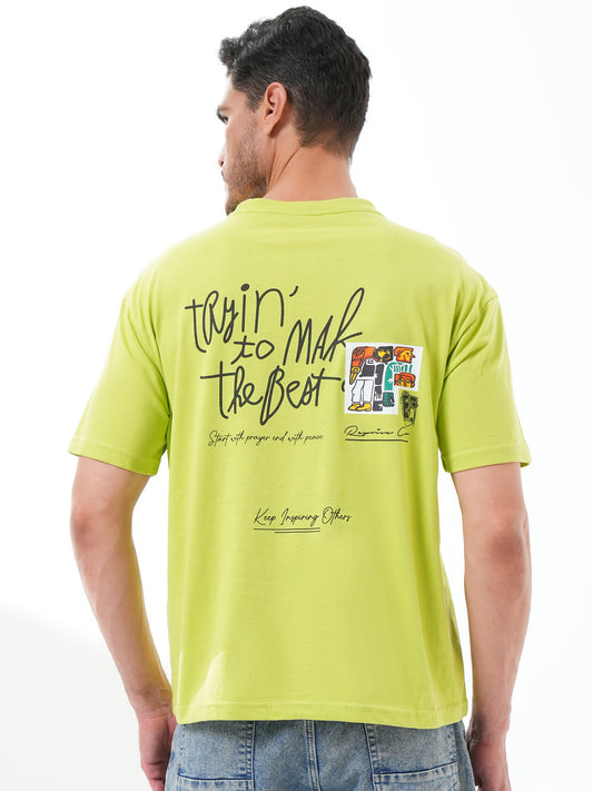 Men Oversized Printed Round Neck Drop Shoulder T-shirt Neon Green - Reprise