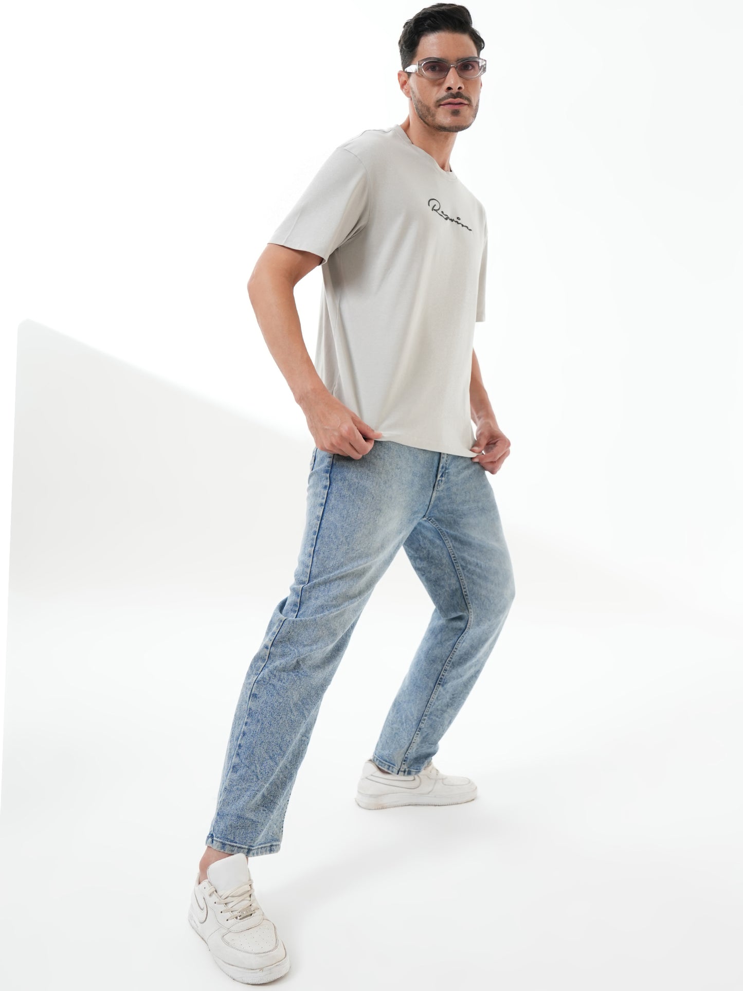 Men Oversized Printed Round Neck Drop Shoulder T-shirt Grey - Reprise
