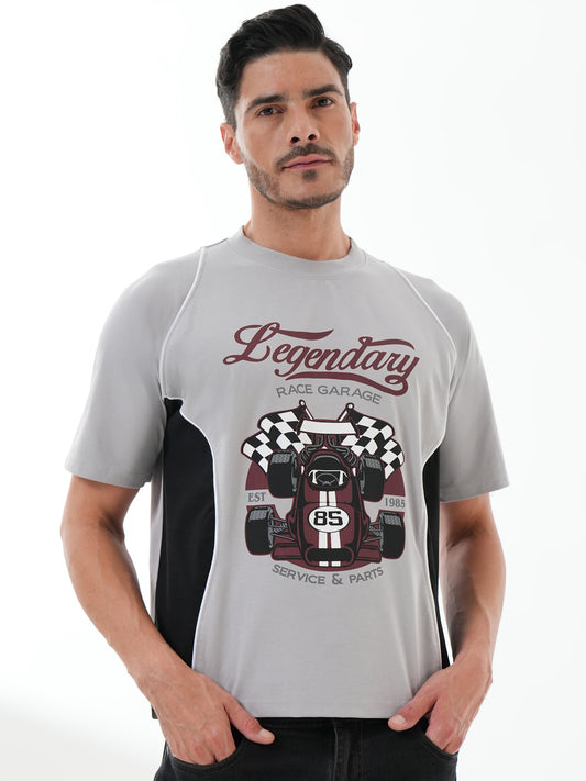 Men Oversized Printed Round Neck Drop Shoulder T-shirt Grey