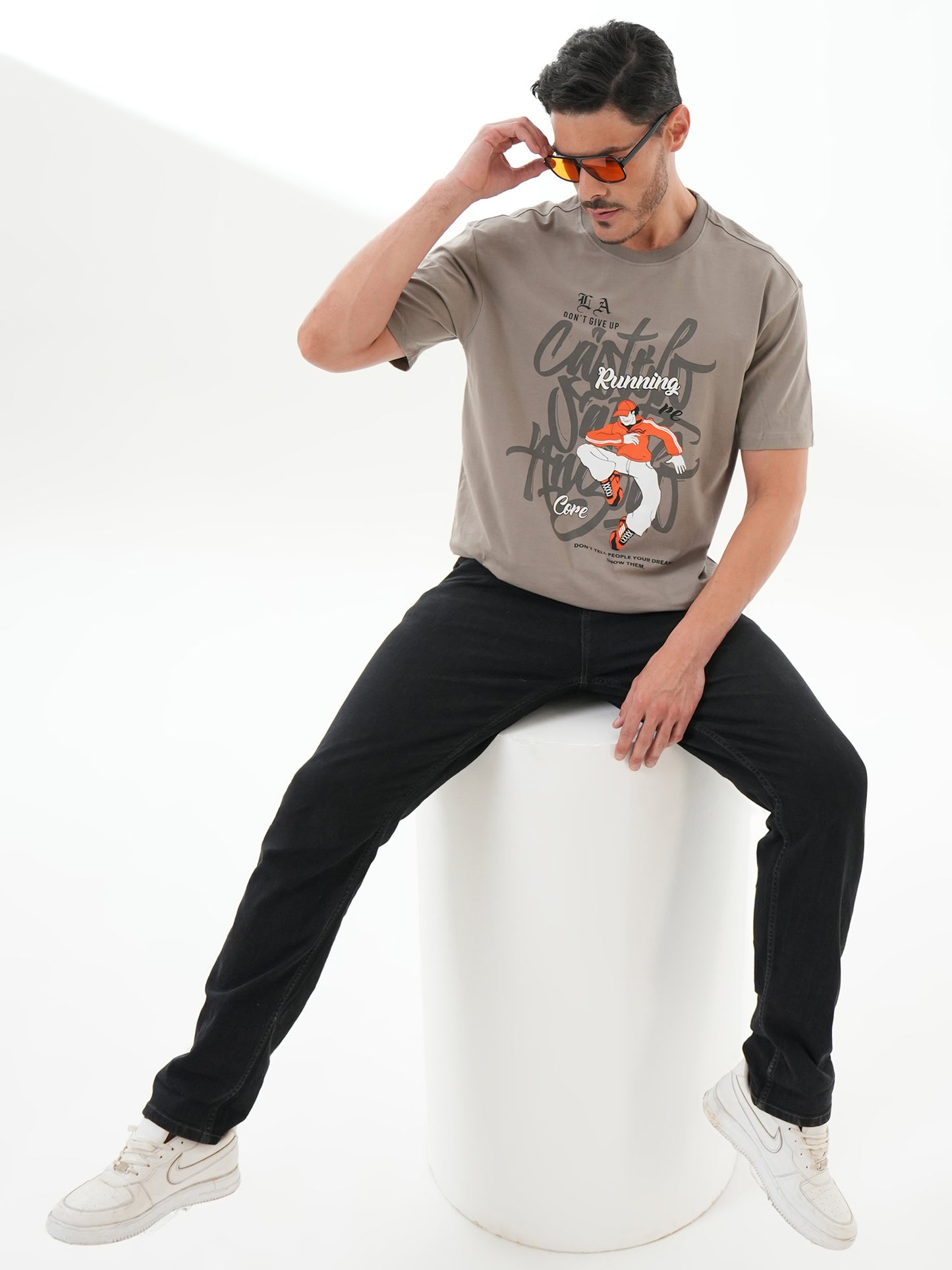 Men Oversize Printed Round Neck T-shirt Grey