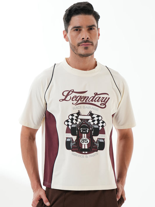 Men Oversized Printed Round Neck Drop Shoulder T-shirt White