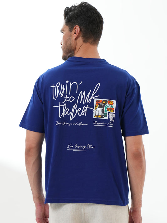 Men Oversized Printed Round Neck Drop Shoulder T-shirt Blue - Reprise
