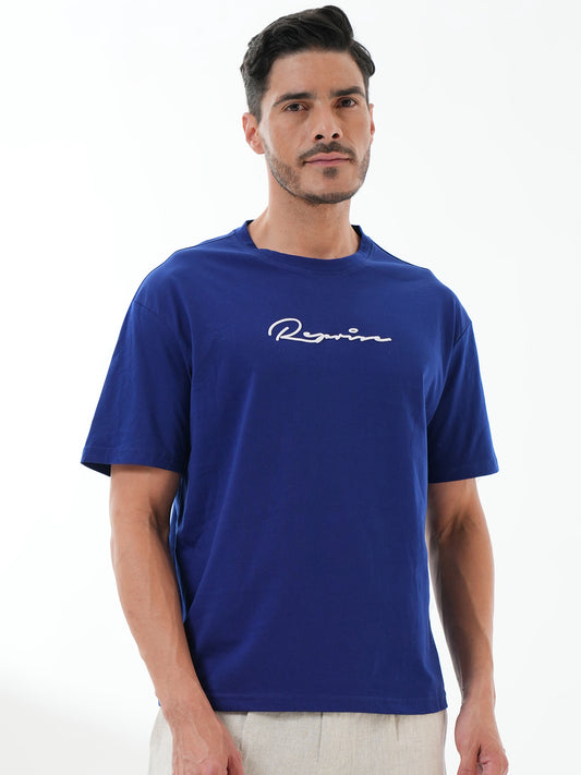 Men Oversized Printed Round Neck Drop Shoulder T-shirt Blue