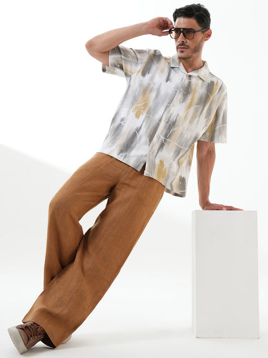 Men Self Design Printed Half Sleeve Shirt White Grey - Reprise