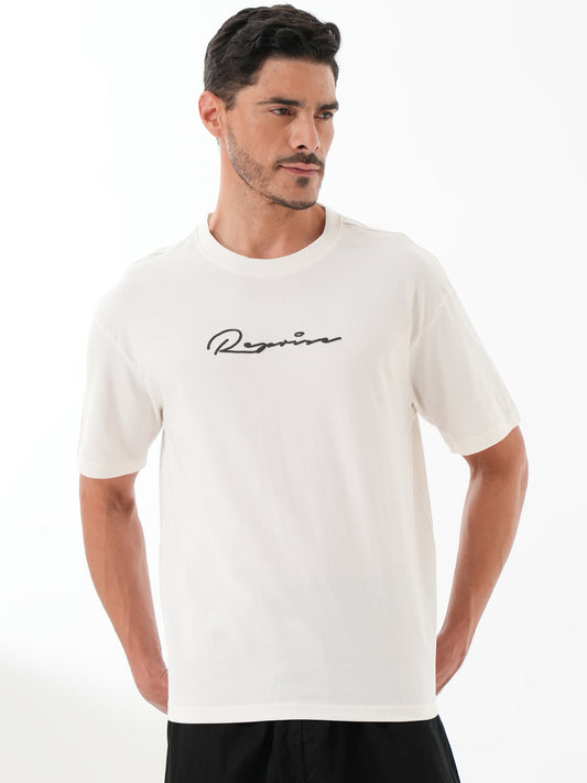 Men Oversized Printed Round Neck Drop Shoulder T-shirt White