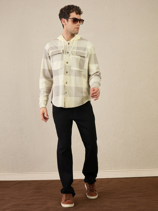 Beige Checked Buttoned Hoodie