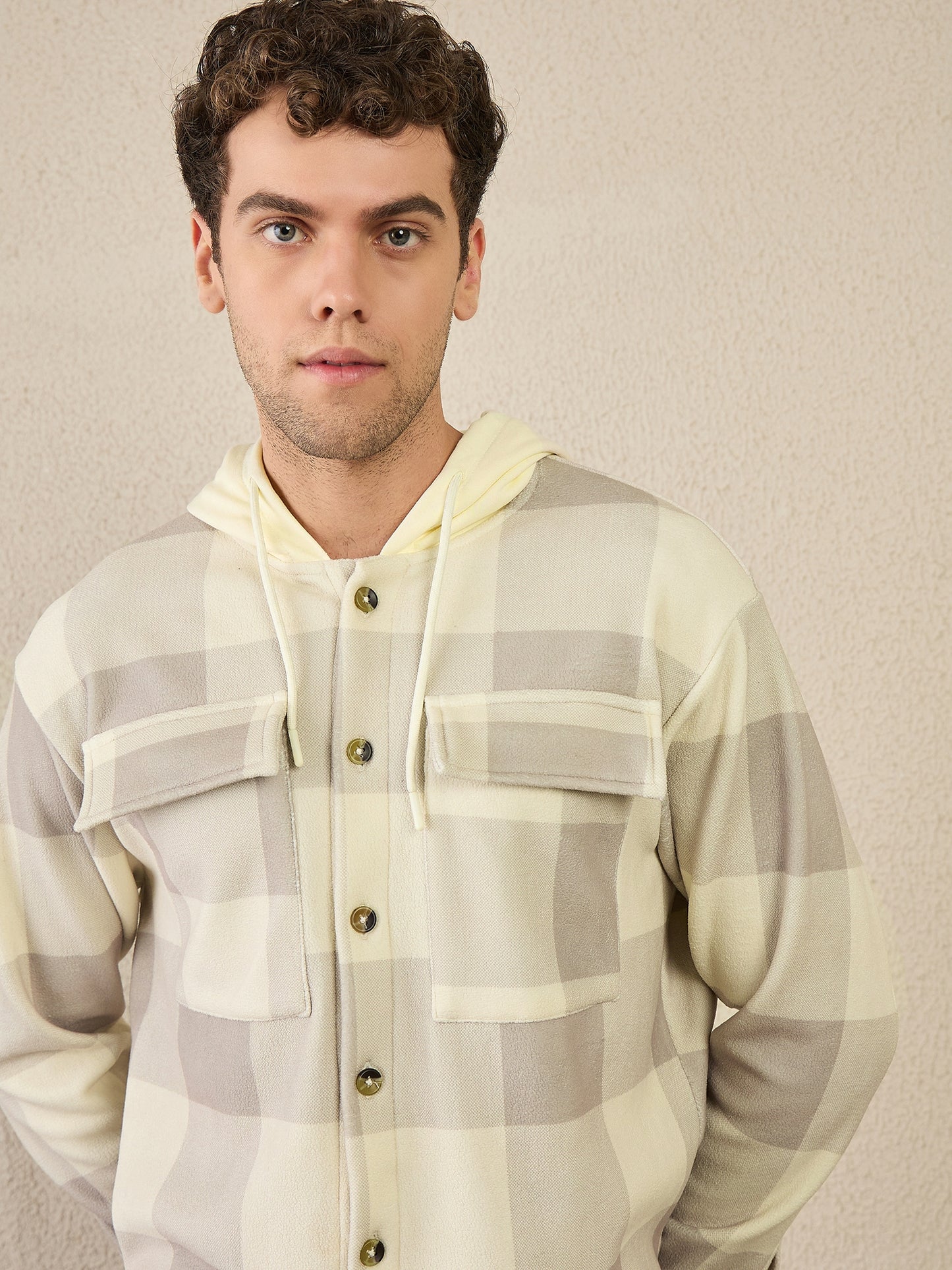 Beige Checked Buttoned Hoodie