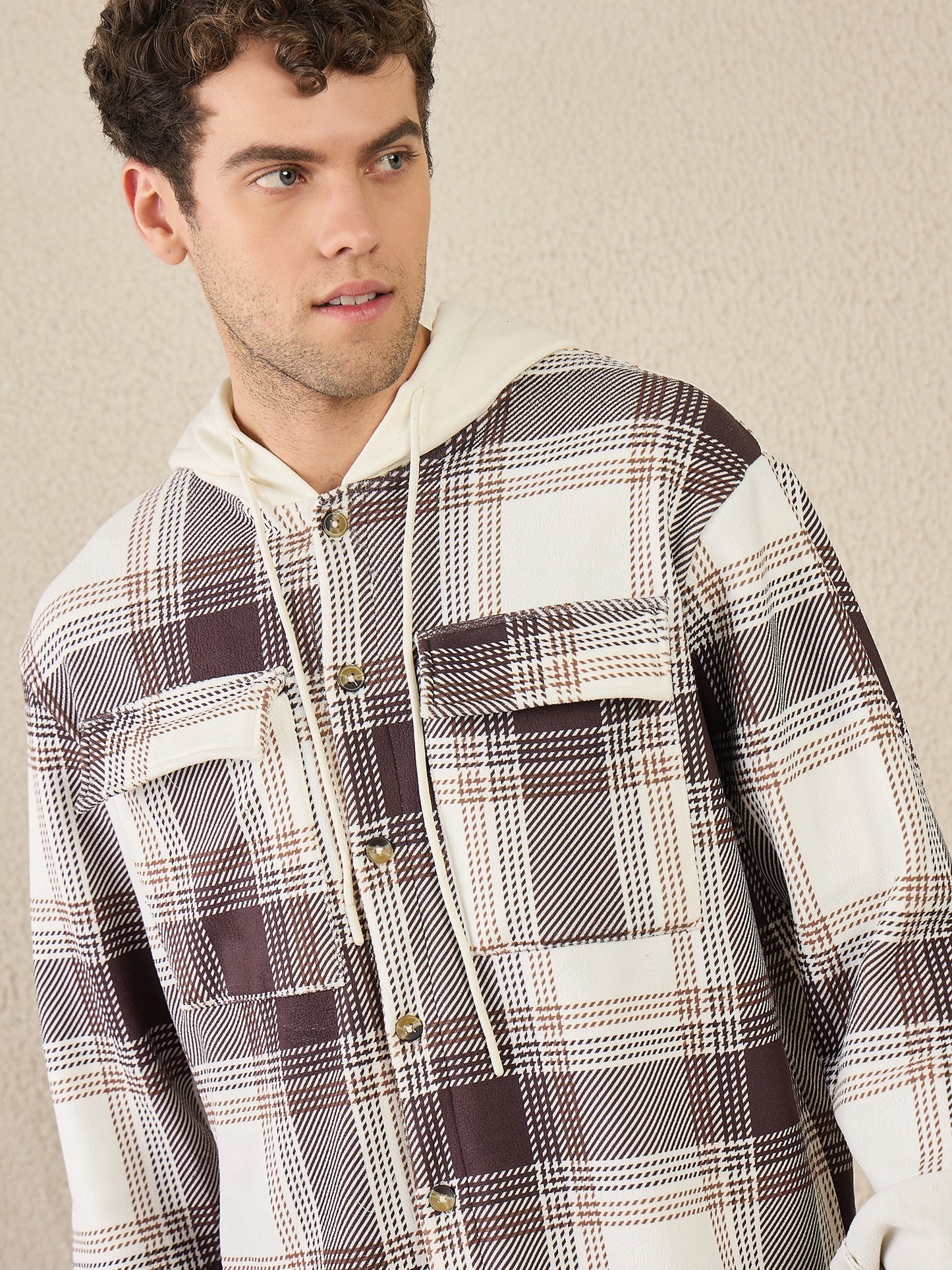 Offwhite & Brown Checked Buttoned Hoodie