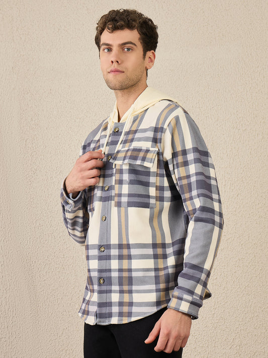Blue Checked Buttoned Hoodie