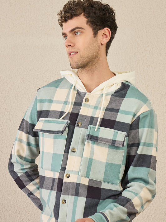 Blue & Green Checked Buttoned Hoodie