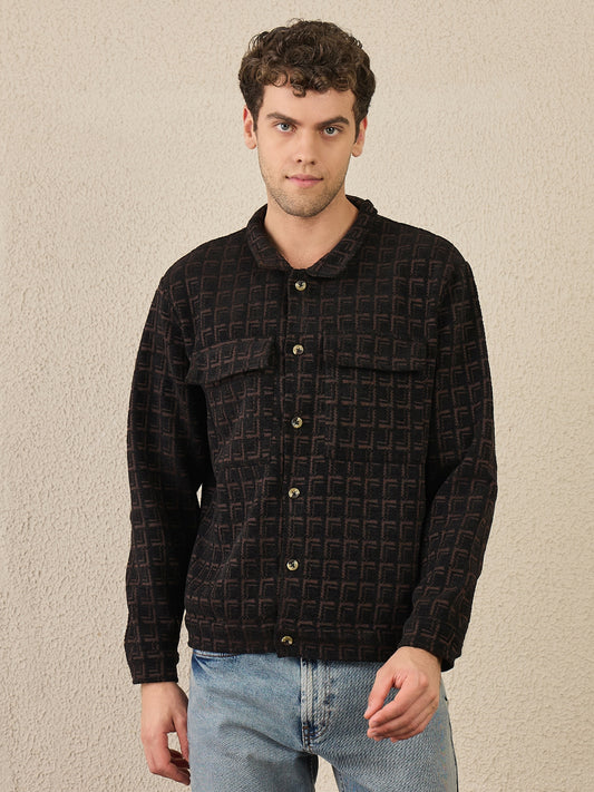 Dark Brown Textured Buttoned Shacket