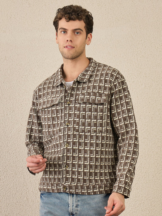 Brown Textured Buttoned Shacket