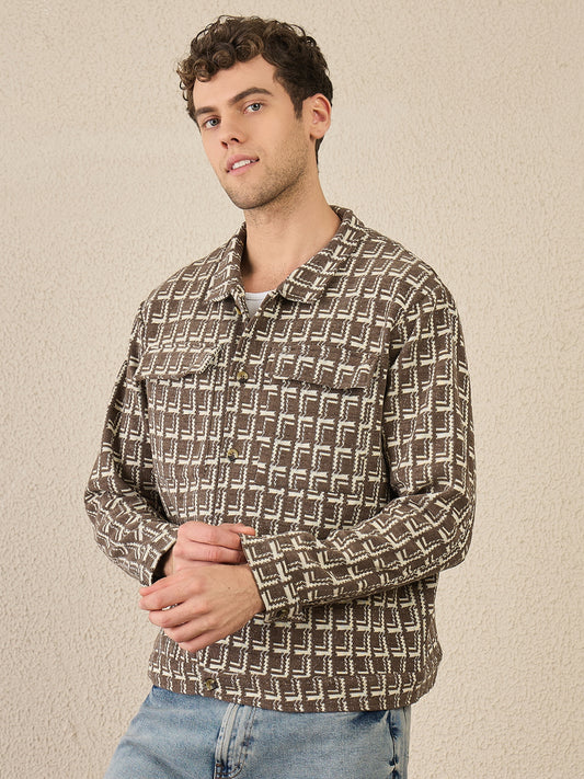 Men Brown & Beige Winter Textured Full Sleeve Shacket