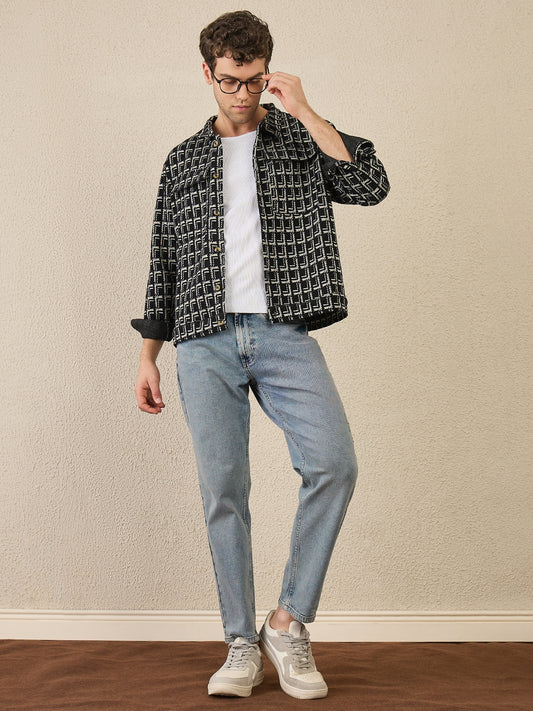 Men Black & White Winter Textured Full Sleeve Shacket