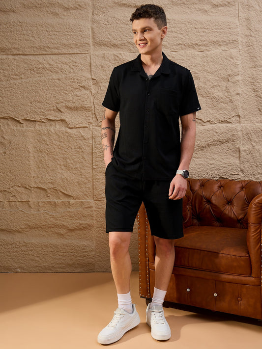 Men Textured Co-ord set Black