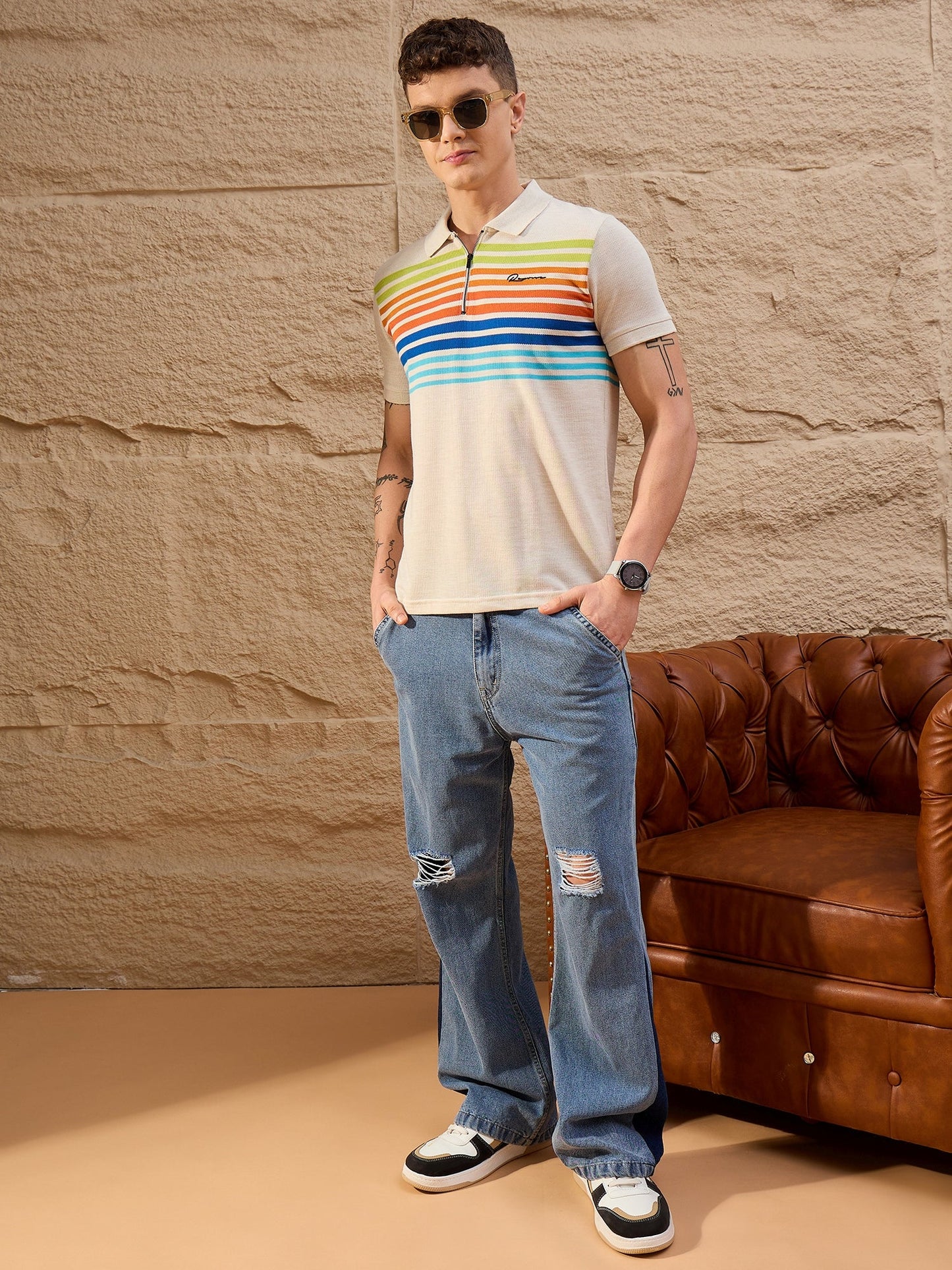 Men Beige Striped Polo T-Shirt - Reprise