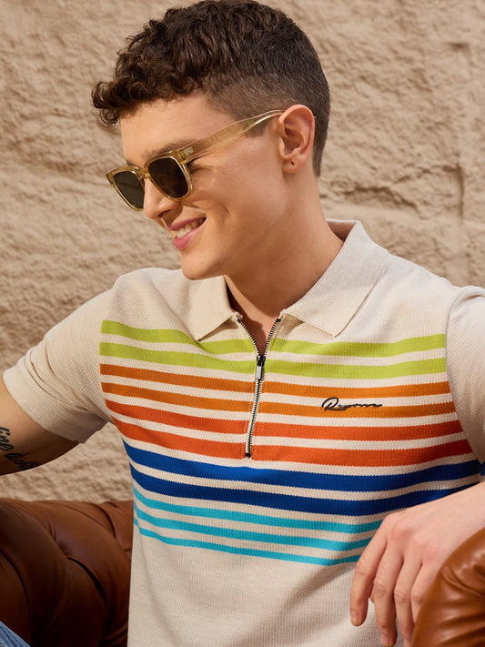 Men Beige Striped Polo T-Shirt - Reprise