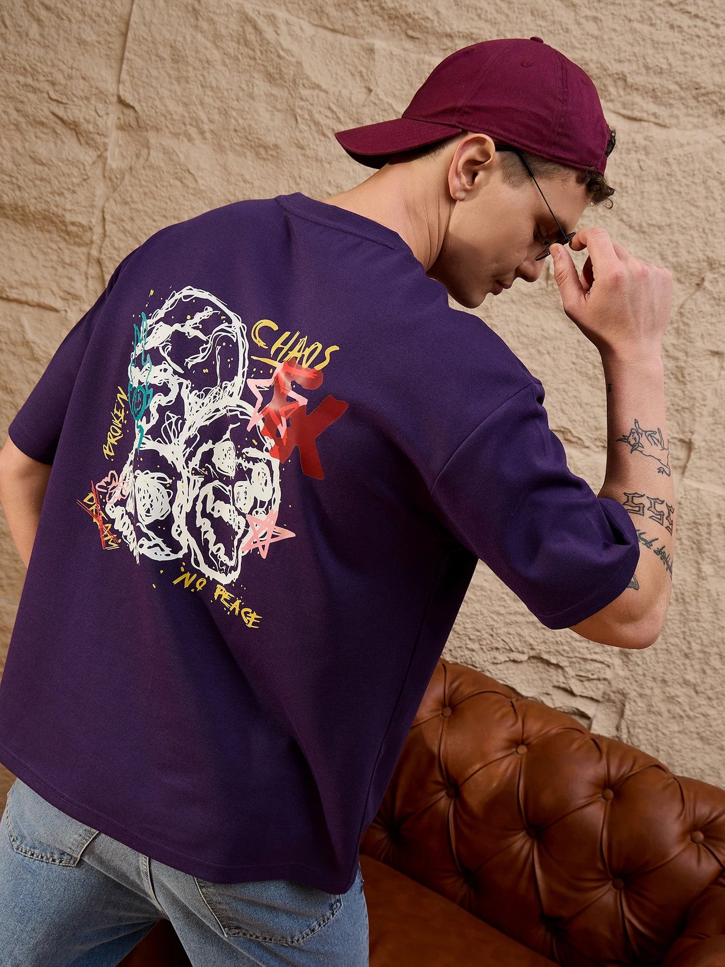 Men Oversized Printed Round Neck Drop shoulder T-shirt Purple - Reprise