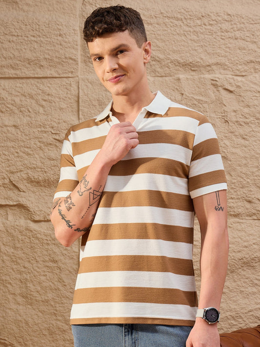 Men Striped Polo T-shirt White and Brown - Reprise