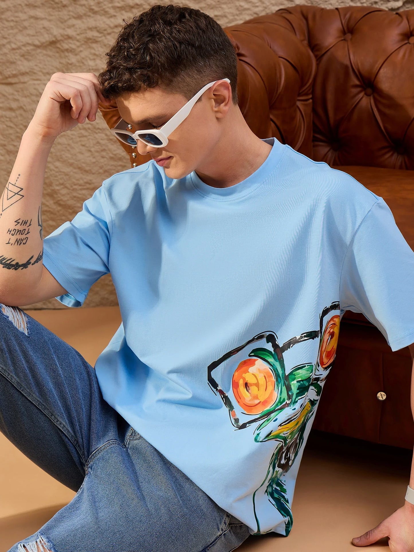 Men Oversized Printed Round Neck Drop shoulder T-shirt light Blue - Reprise