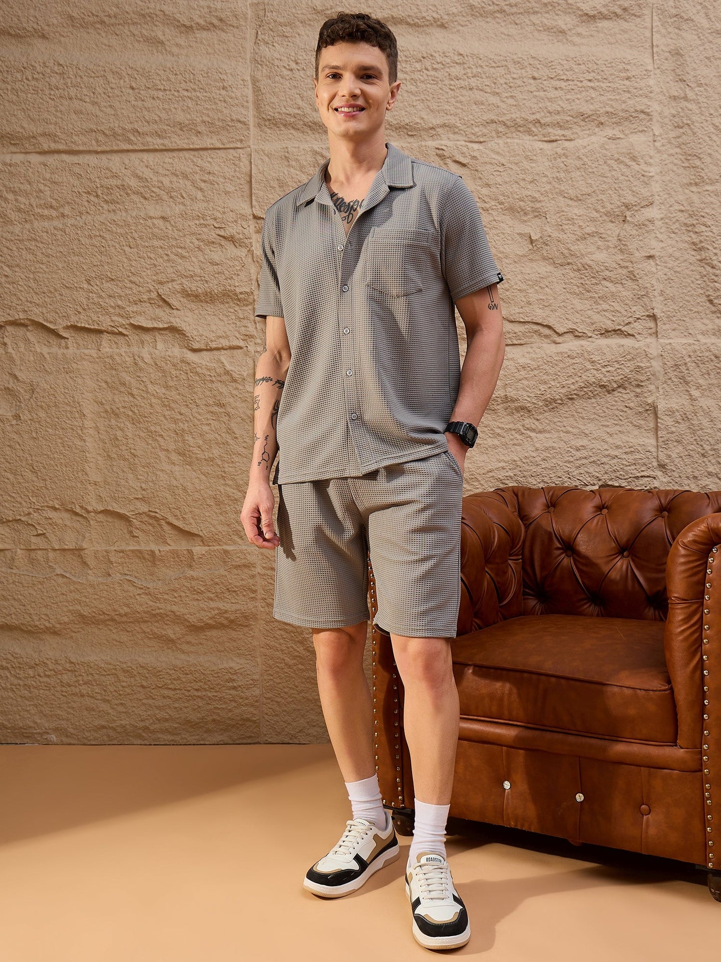 Men Textured Co-ord set Grey