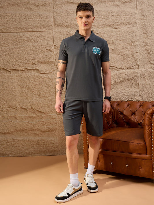 Men Printed Co-ord Set Dark Grey