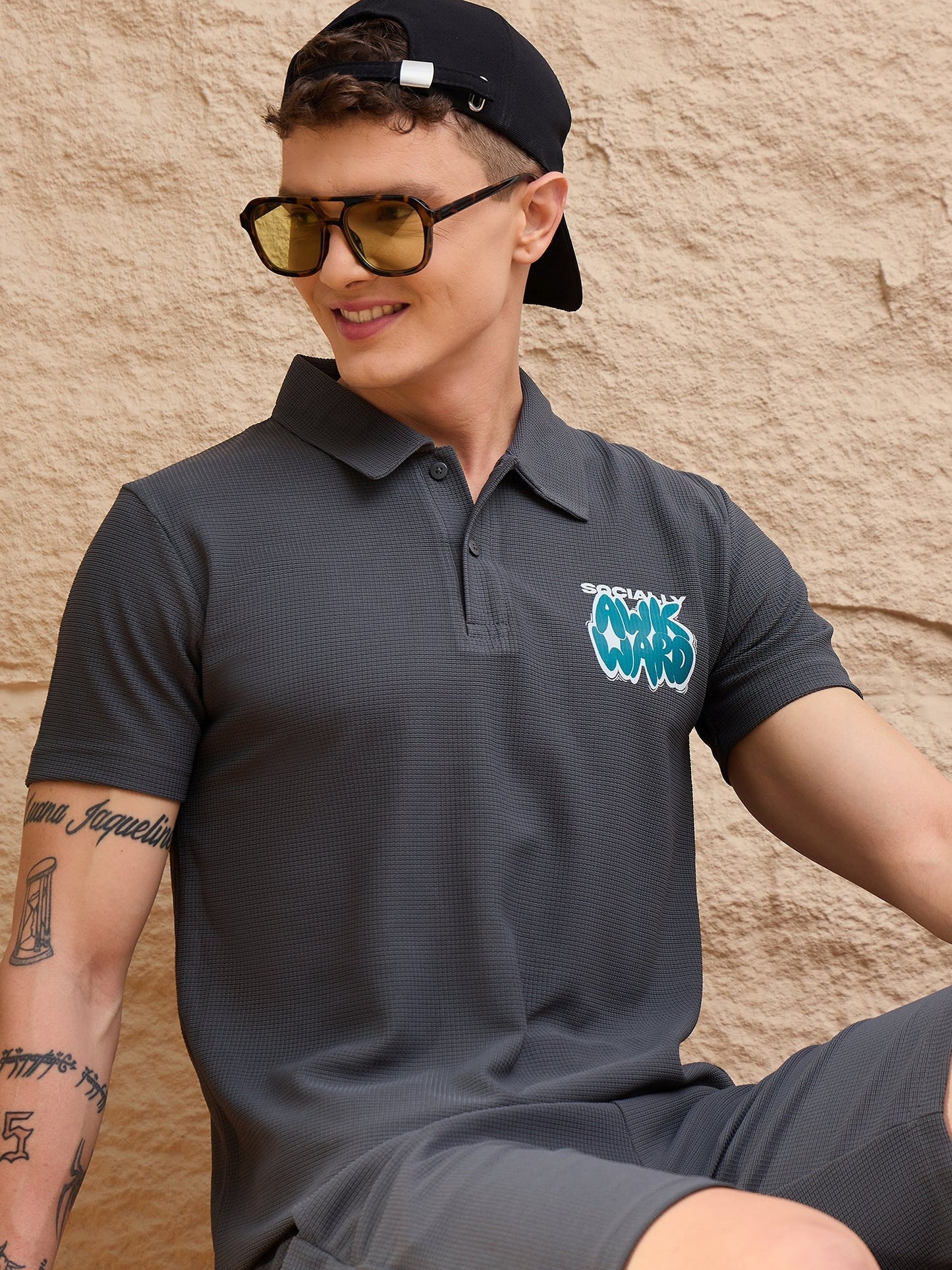 Men Printed Co-ord Set Dark Grey