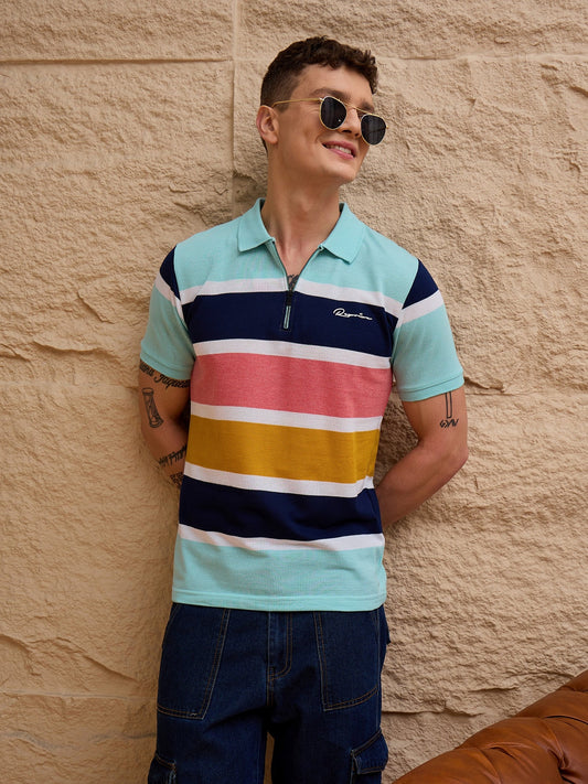 Men Striped Polo T-shirt Sky Blue - Reprise