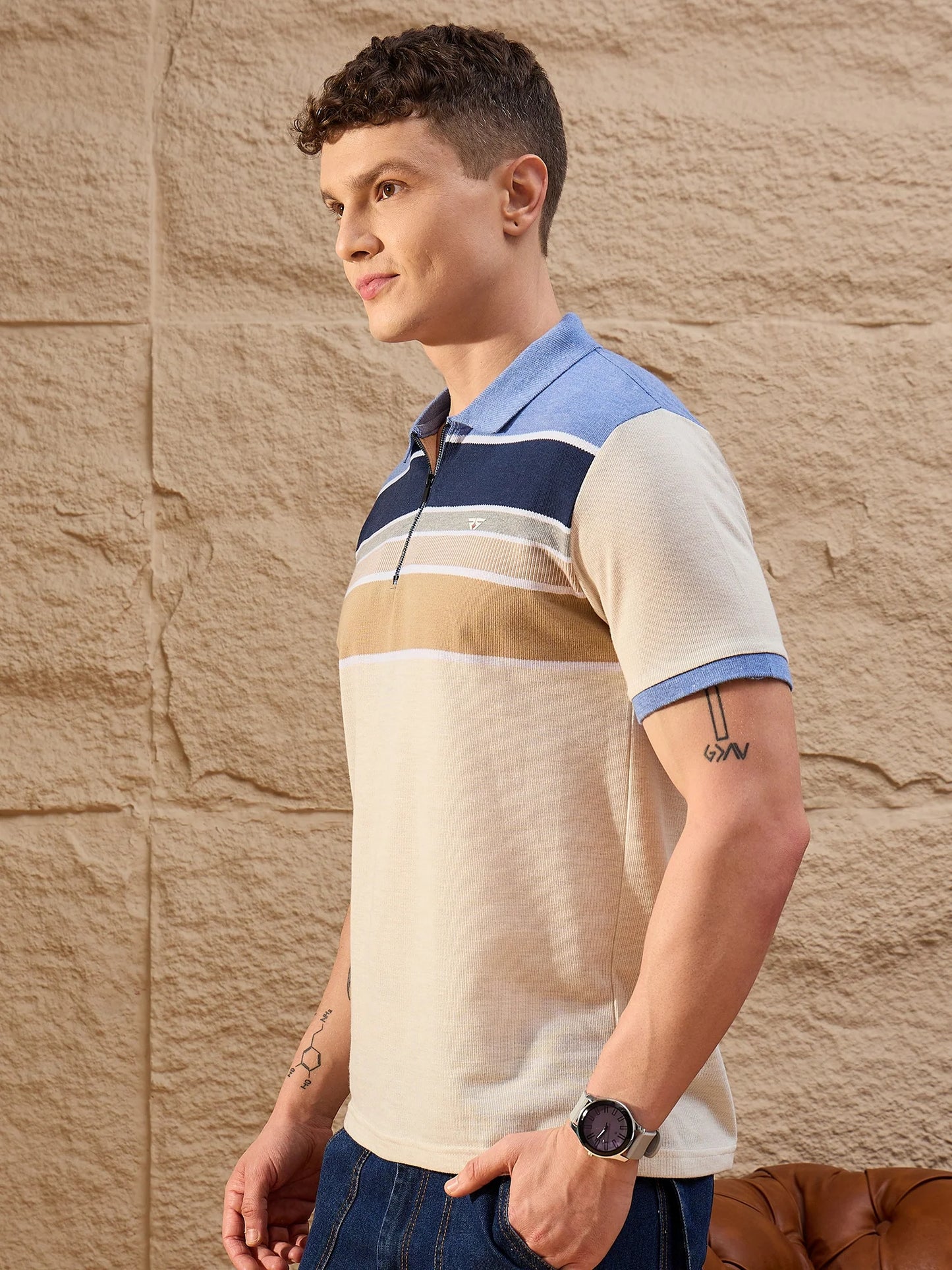 Men Striped Polo T-shirt Beige - Reprise