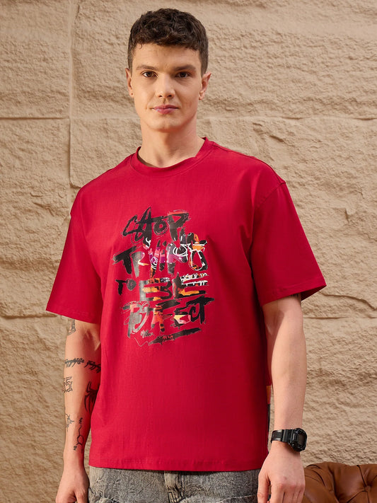 Men Oversized Printed Round Neck Drop shoulder T-shirt Red - Reprise