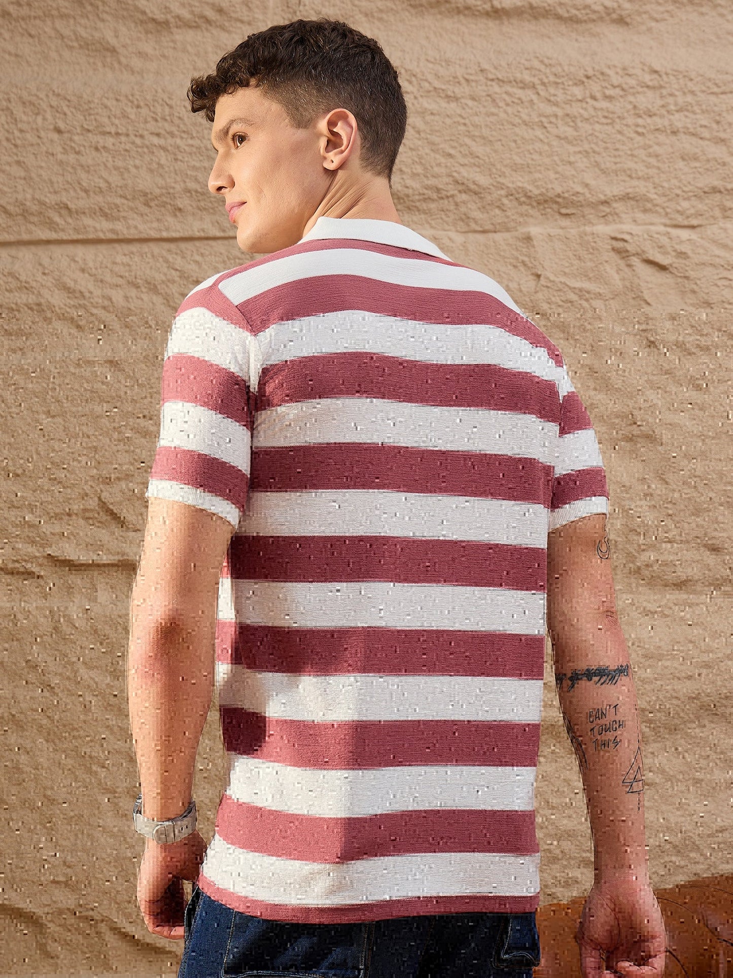 Men Striped Polo T-shirt White and Maroon - Reprise