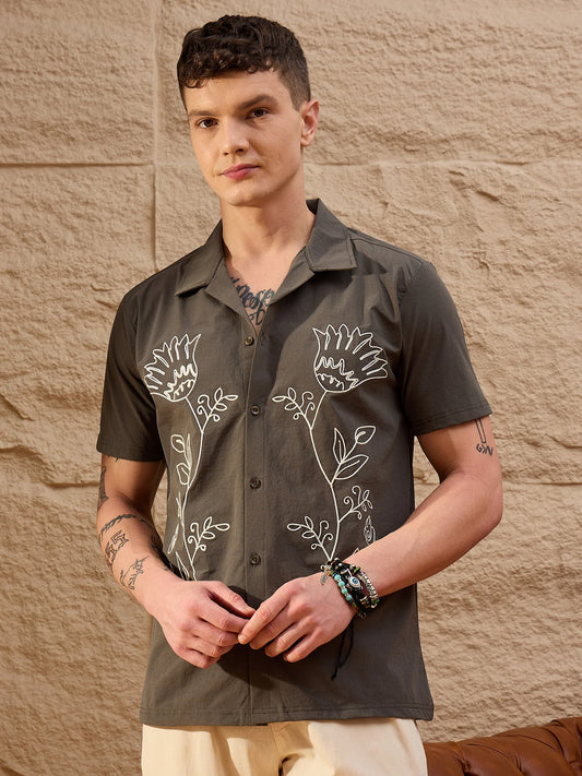 Men Embroidered Shirt Olive - Reprise