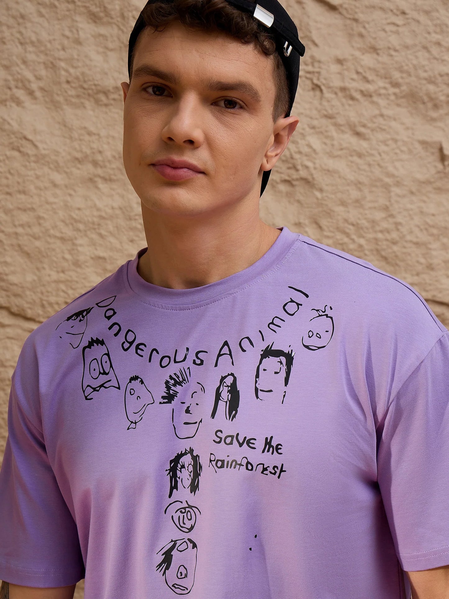 Men Oversized Printed Round Neck Drop shoulder T-shirt Lilac - Reprise