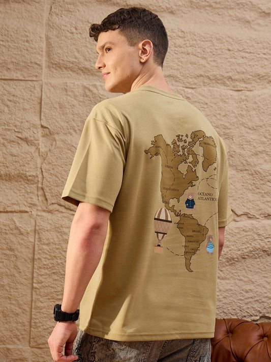 Men Oversized Printed Round Neck Drop shoulder T-shirt Light Brown - Reprise
