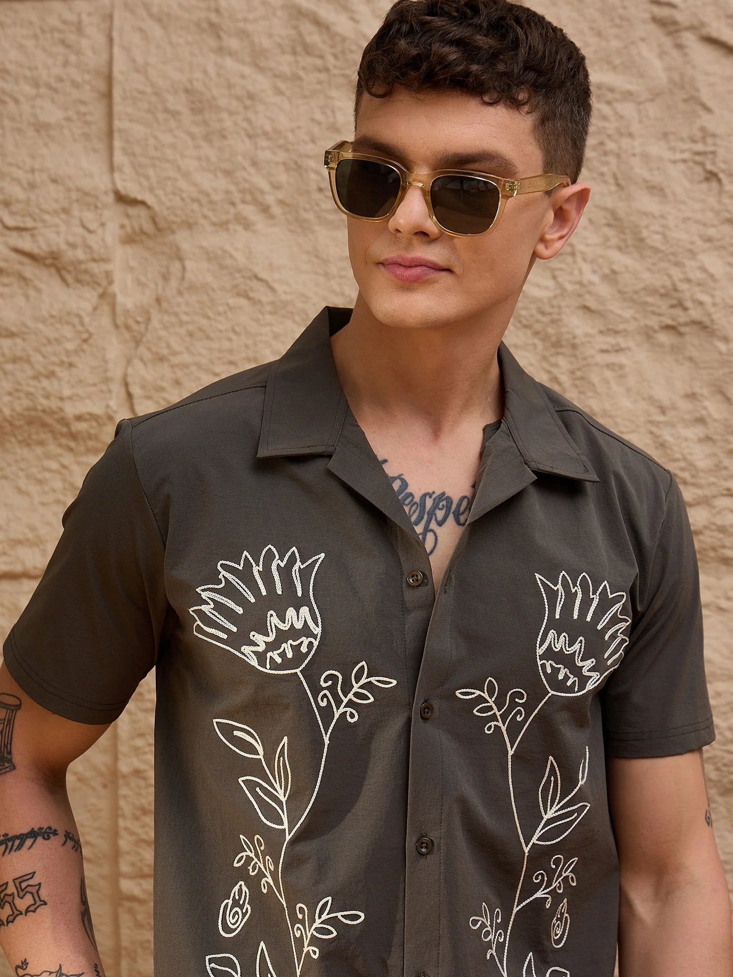 Men Embroidered Shirt Olive - Reprise