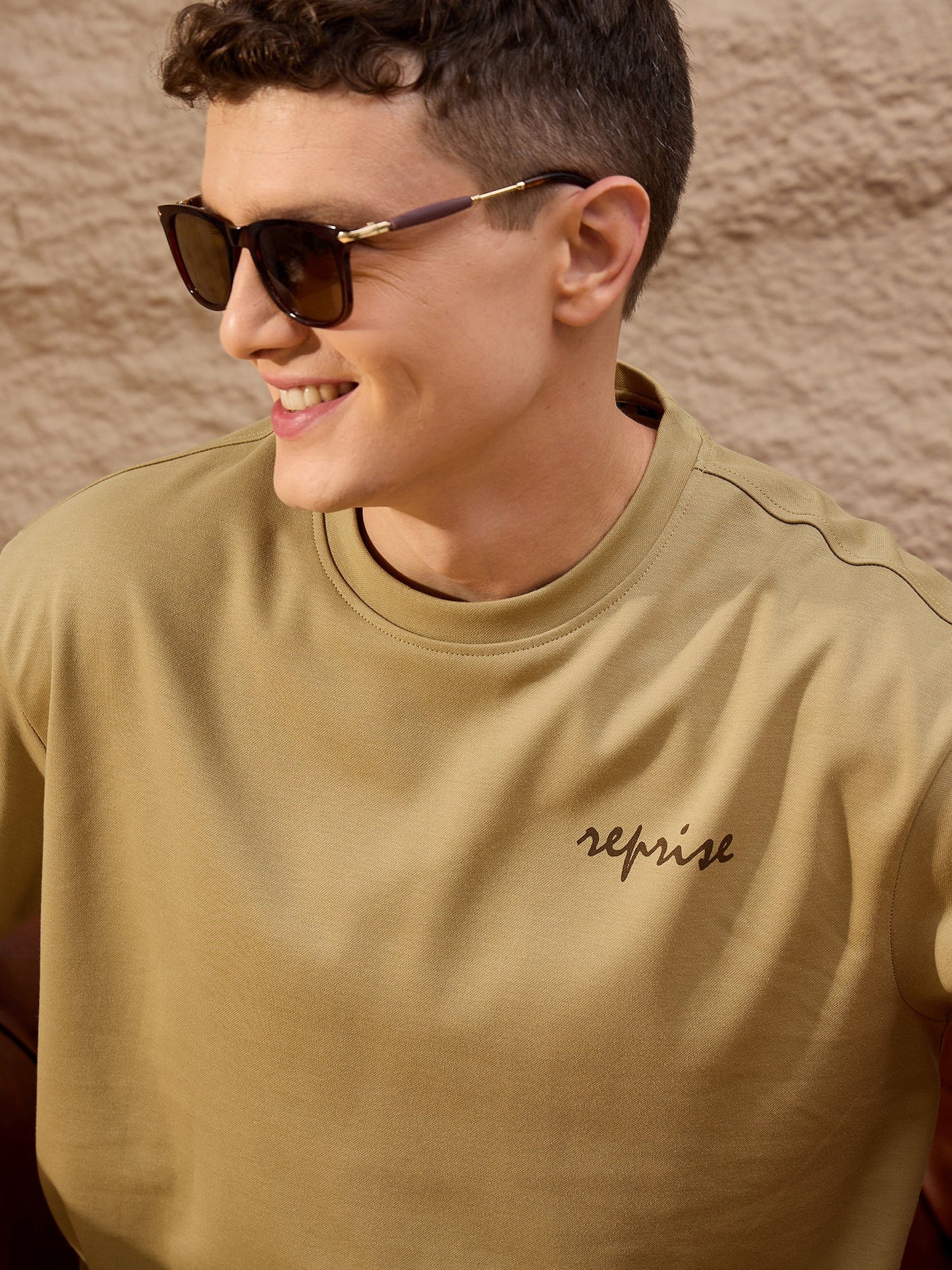 Men Oversized Printed Round Neck Drop shoulder T-shirt Light Brown - Reprise