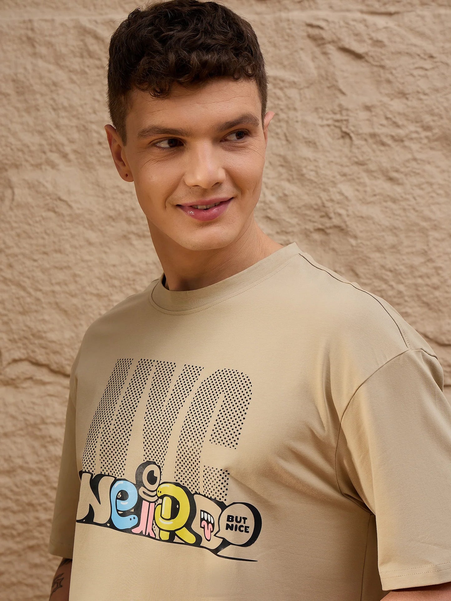 Men Oversized Printed Round Neck Drop shoulder T-shirt Beige - Reprise