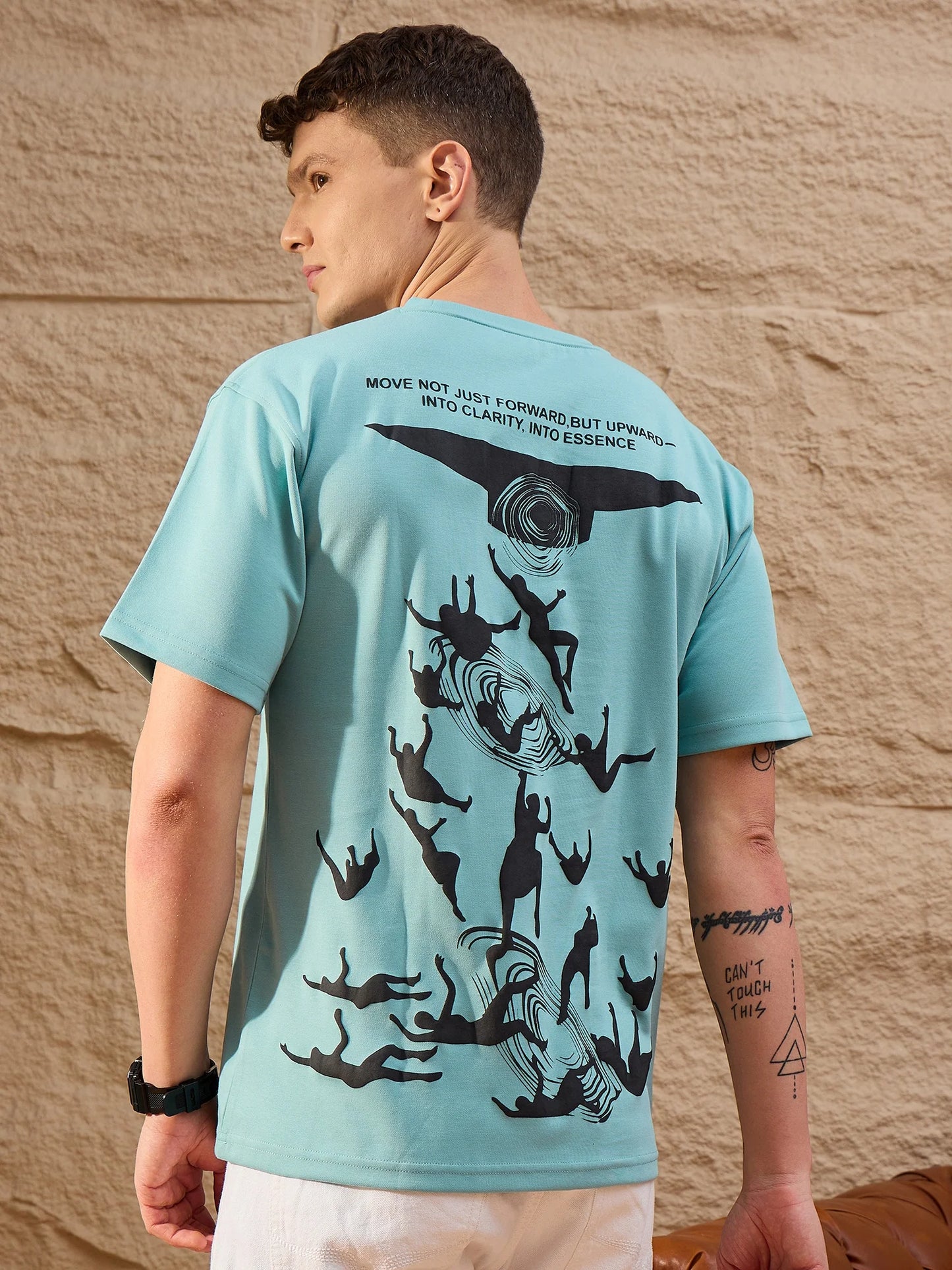 Men Oversized Printed Round Neck Drop shoulder T-shirt Sky Blue - Reprise
