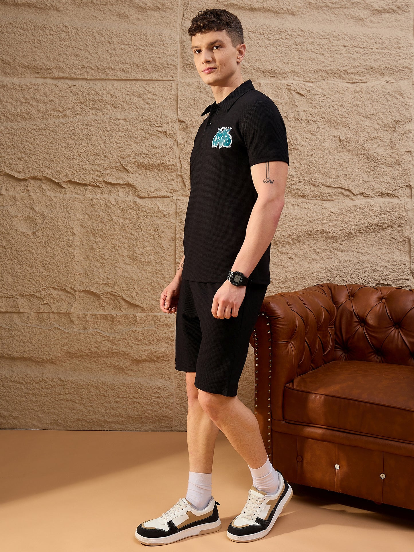 Men Printed Co-ord Set Black