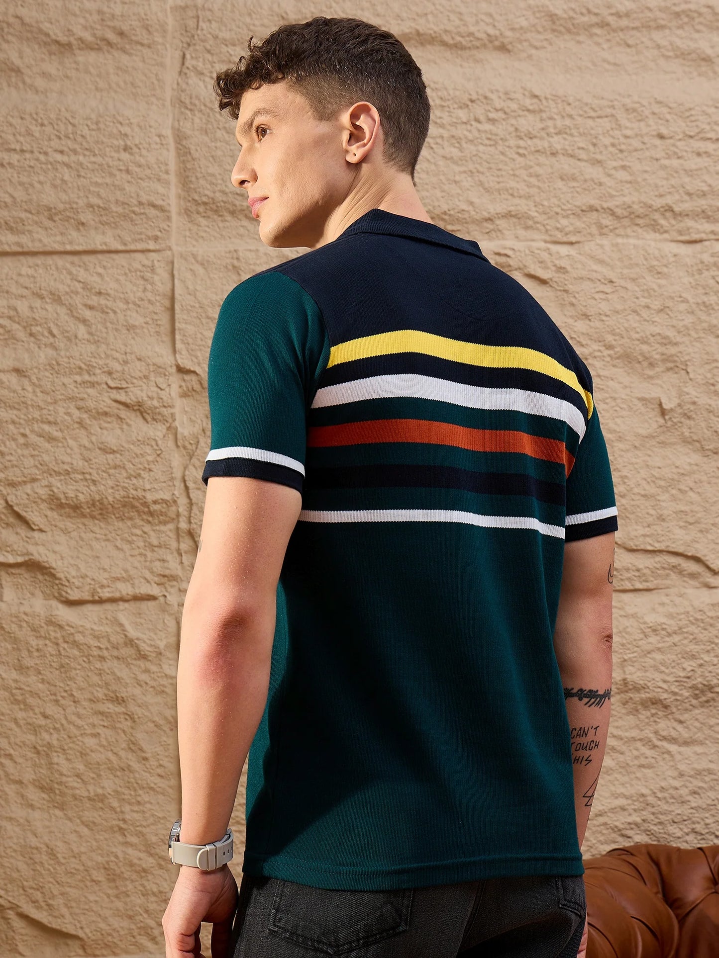 Men Striped Polo T-shirt Bottle Green - Reprise
