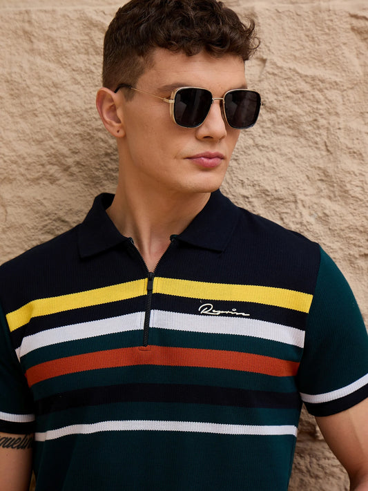 Men Striped Polo T-shirt Bottle Green - Reprise