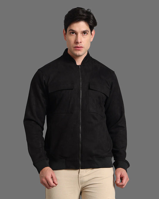Men Black Stand Collar Bomber Suede Jacket - Reprise