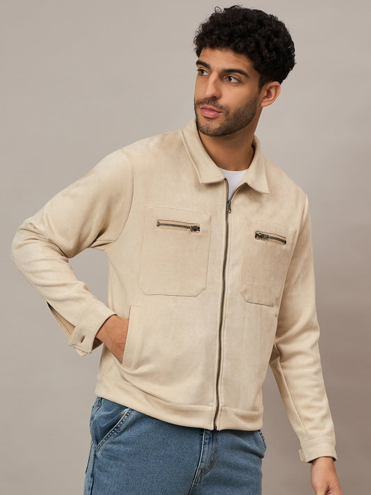 Cream Suede Pocket Zipper Jacket With Stand Collar