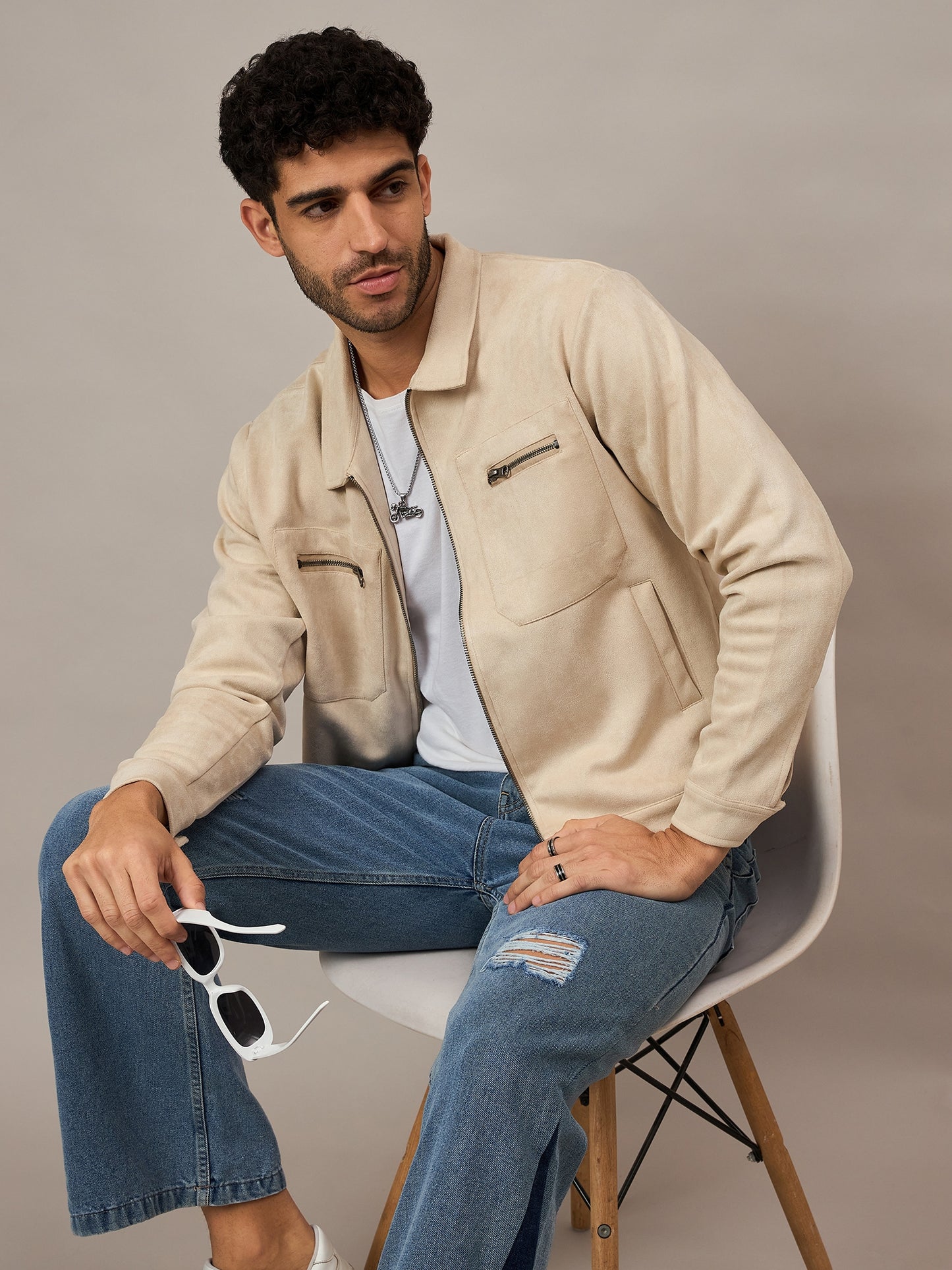 Cream Suede Pocket Zipper Jacket With Stand Collar - Reprise