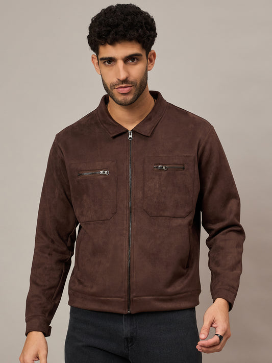 Brown Suede Pocket Zipper Jacket With Stand Collar