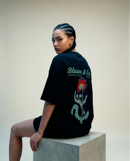 Women Oversized Round Neck Half Sleeves Tshirt Black - Reprise