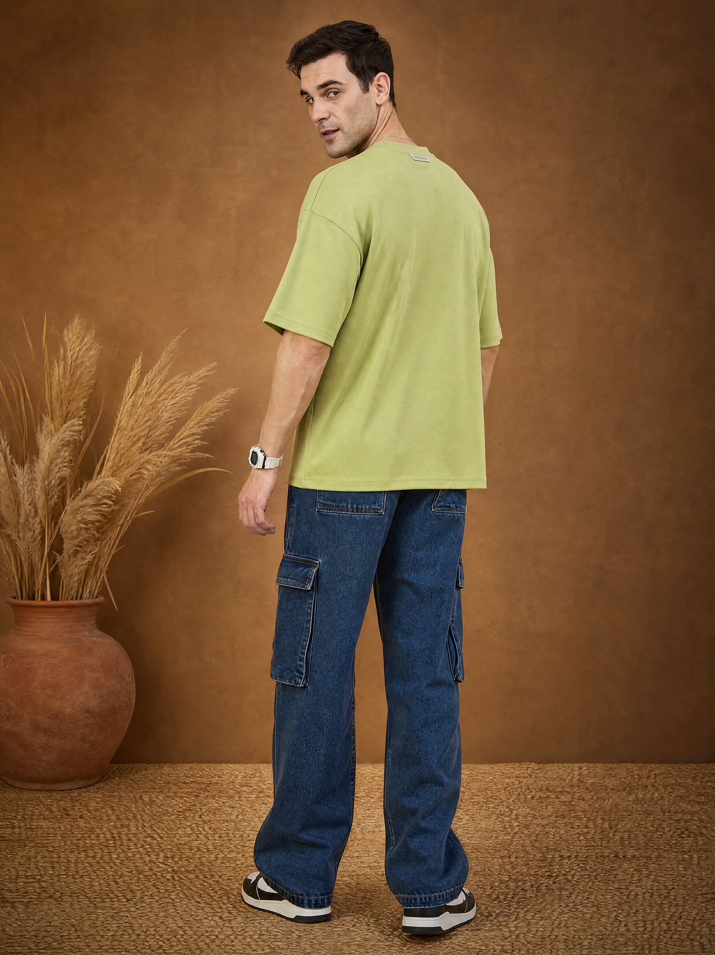 Men Oversize Printed Round Neck T-shirt Light Green