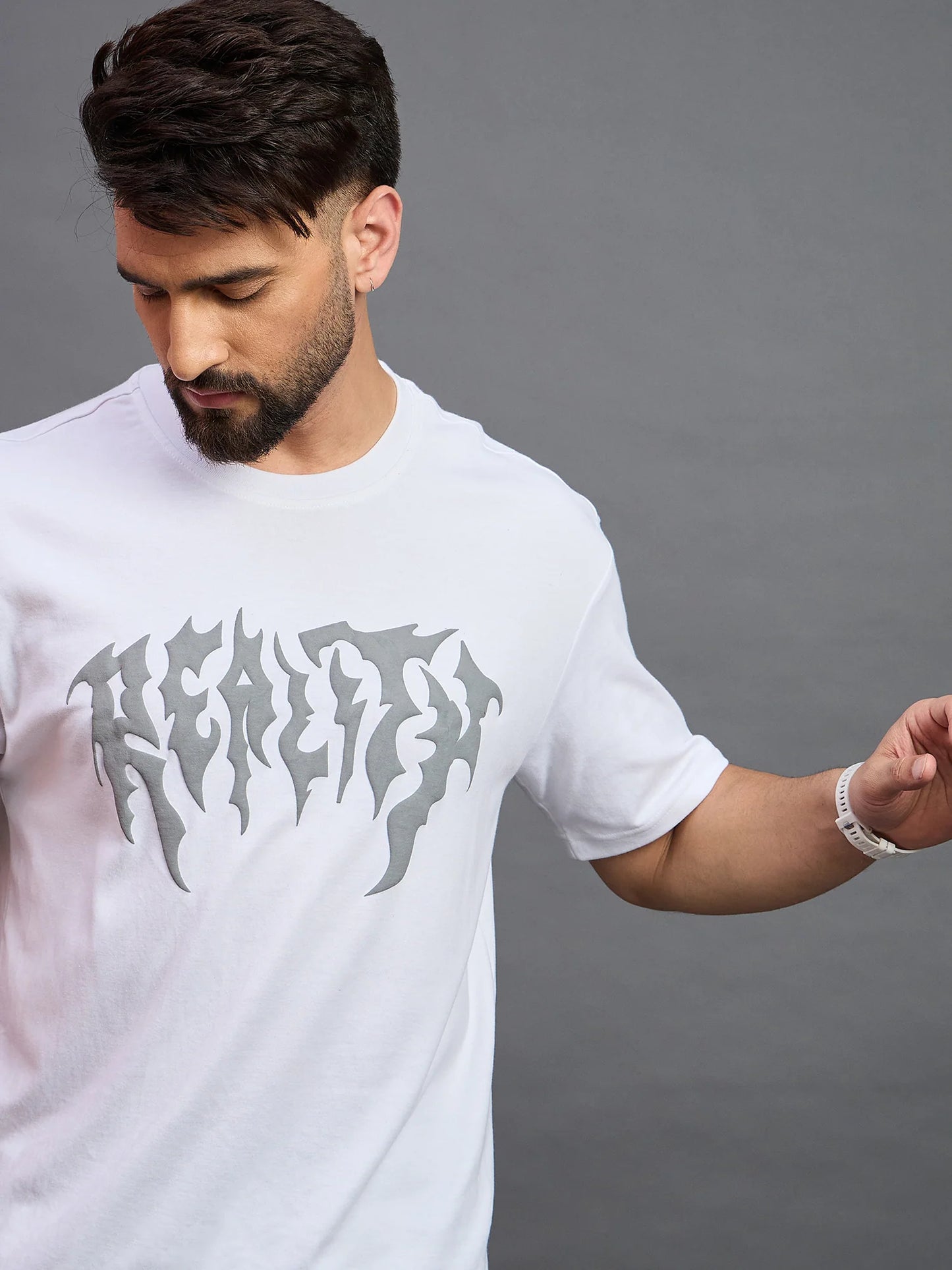 Men Printed Oversized Round Neck Drop Shoulder T-shirt White