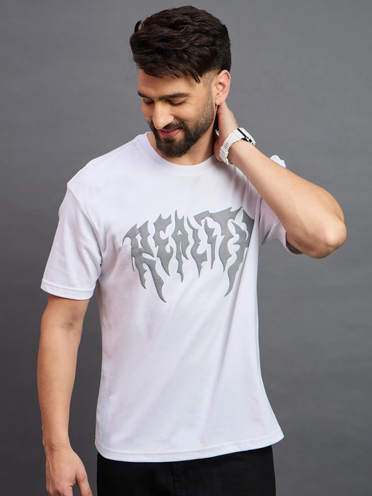 Men Printed Oversized Round Neck Drop Shoulder T-shirt White