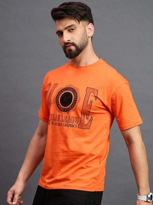 Men Printed Oversized Round Neck Drop Shoulder T-shirt Orange